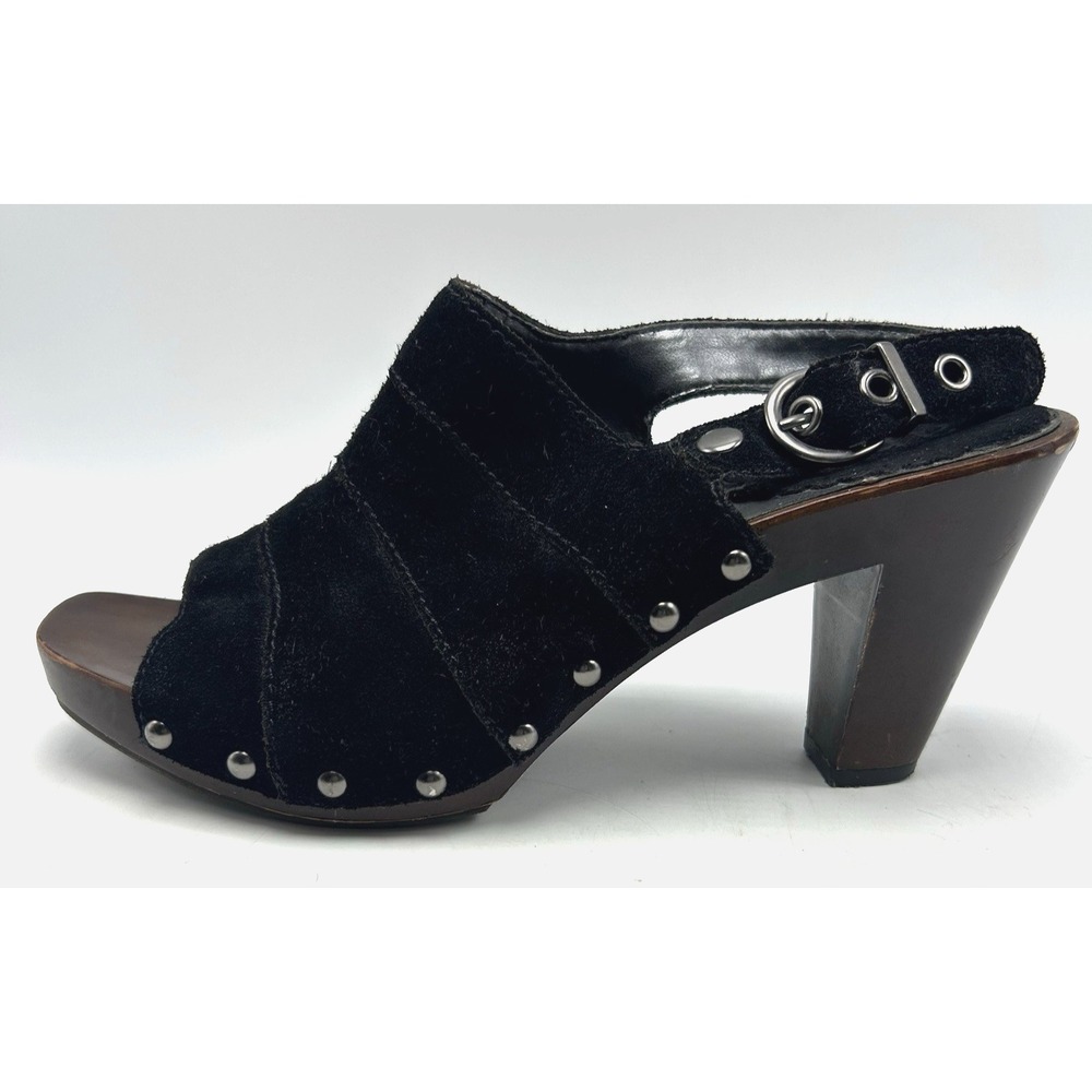 Wooden Sandals Womens 7.5 Heels Black Suede Leather Buckle Studded Heel